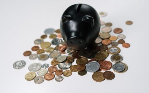 Black piggy bank surrounded by a variety of coins on a white surface, symbolizing savings and finance.