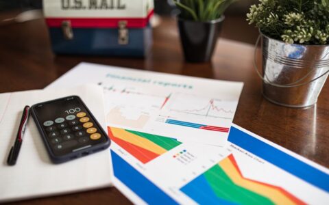 A workspace with financial charts, smartphone calculator app, pen, and plant on a wooden desk.